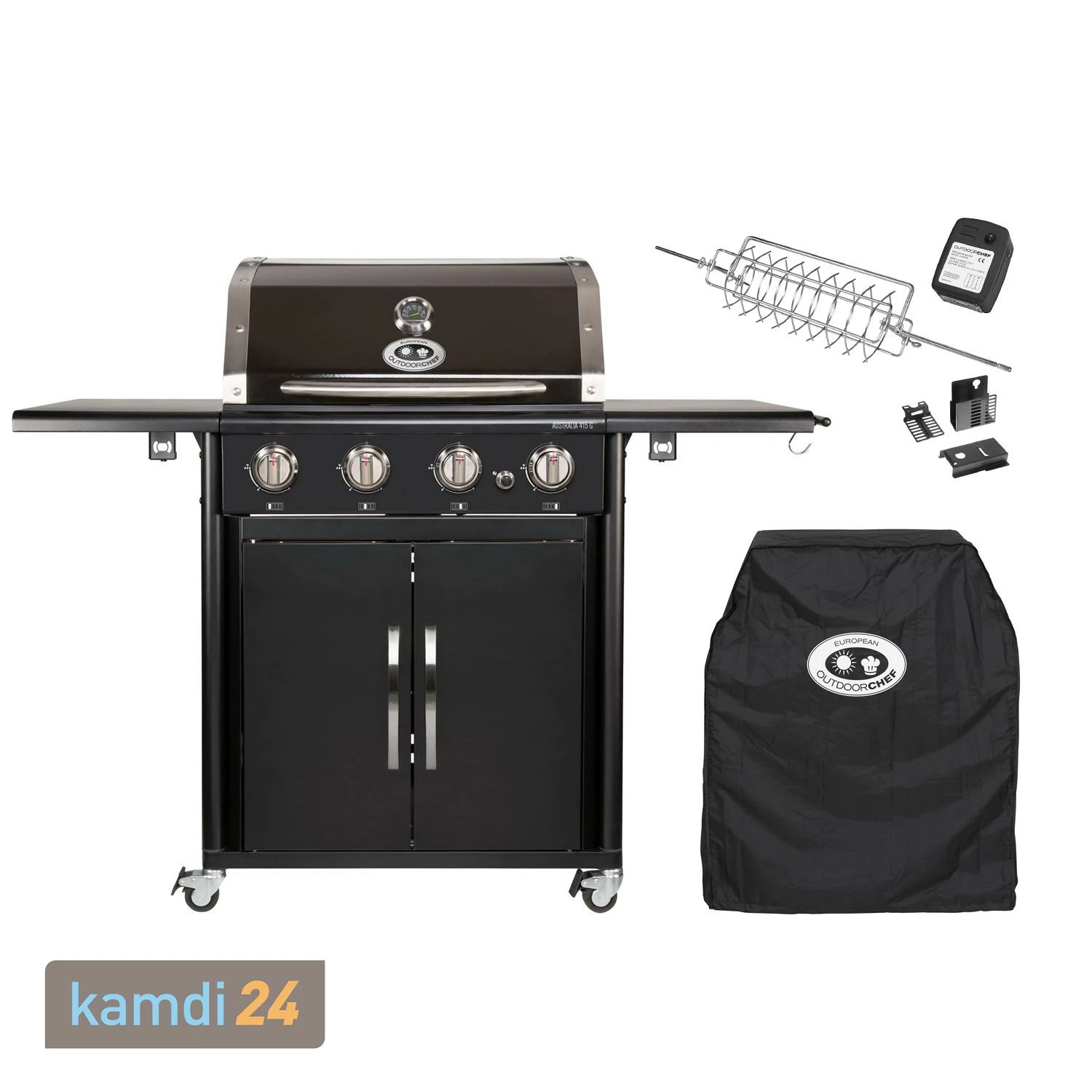Outdoorchef Australia 415 G Gas-Grillstation Schwarz + Abdeckhaube + Drehkorb-Set 3 Outdoorchef Australia 415 G Gas-Grillstation Schwarz + Abdeckhaube + Drehkorb-Set