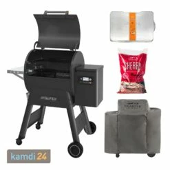 Traeger IRONWOOD 650 Pellet Grill Schwarz Inkl. Abdeckhaube, Ablaufblech-Schutzfolie + Hartholz Pellets Cherry 9 Kg