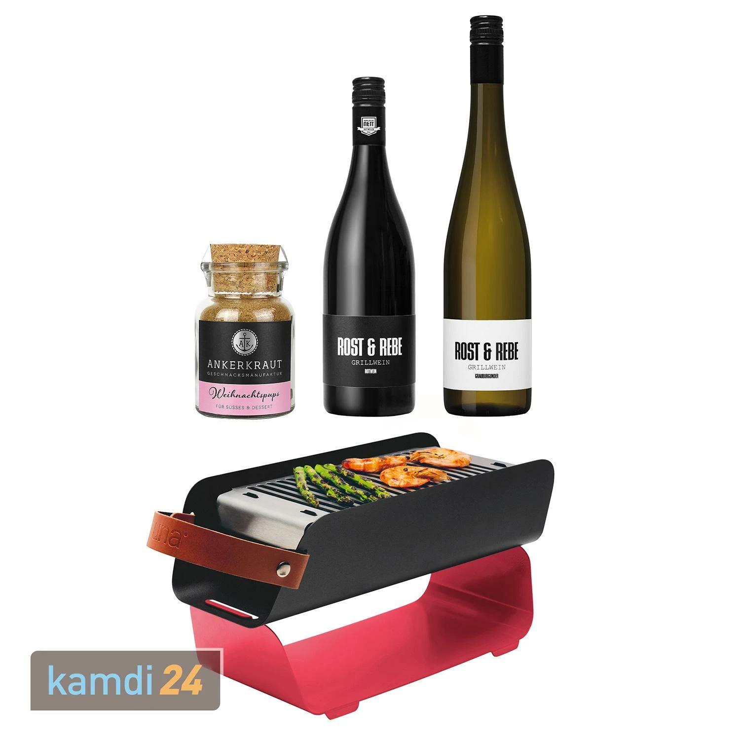UNA Holzkohlegrill Erdbeerrot Geschenkset Mit Grillwein Weiß Und Rot Und Ankerkraut Gewürzmischung Weihnachtspups 3 UNA Holzkohlegrill Erdbeerrot Geschenkset Mit Grillwein Weiß Und Rot Und Ankerkraut Gewürzmischung Weihnachtspups