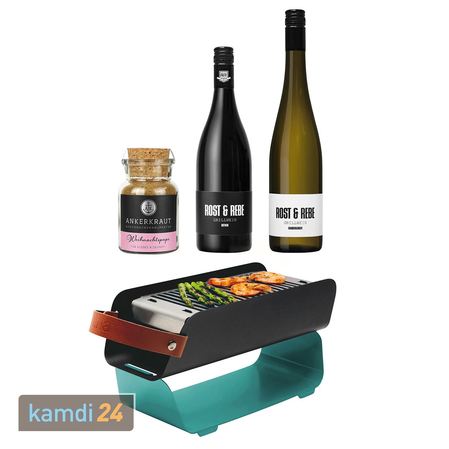 UNA Holzkohlegrill Türkis Geschenkset Mit Grillwein Weiß Und Rot Und Ankerkraut Gewürzmischung Weihnachtspups 3 UNA Holzkohlegrill Türkis Geschenkset Mit Grillwein Weiß Und Rot Und Ankerkraut Gewürzmischung Weihnachtspups