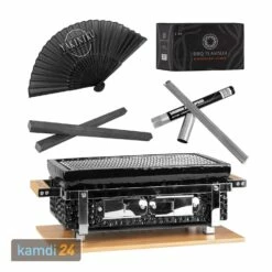 Yakiniku Shichirin Keramik Grill Eckig 35x17 Cm Geschenkset Mit Yakitori Trägersystem, Yakitori Spießen, Grillfächer Und 5 Kg Binchotan Holzkohle Lychee